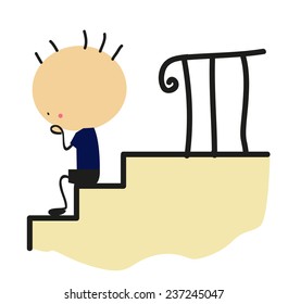 Doodle little boy sitting on stairs - Full Color