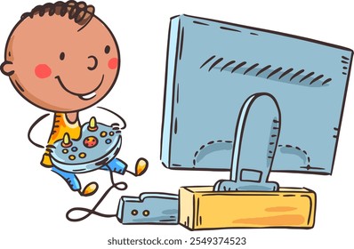 Doodle little child using electronic device, boy playing game box, cartoon kid and digital technology. Isolated character, vector illustration