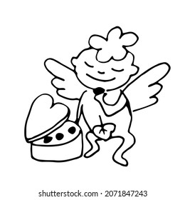 Doodle little Cupid sits in front of a heart-shaped box of chocolates and eats them. Isolated humorous illustration on white background for Valentine's Day. 