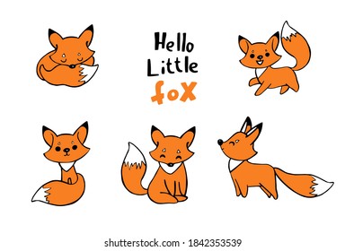Doodle little cute fox sketch for nursery. Sleeping, running, smiling, standing, sitting, little fox hello quote. Cartoon vector illustration. Cute foxes print for kids. Scandinavian design baby room