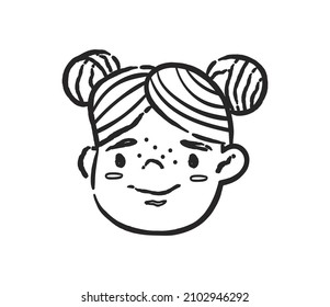Doodle little girl. Smiling child, adorable character. Schoolgirl with two pigtails. Naughty kid, first grader. Social media sticker. Cartoon flat vector illustration isolated on white background