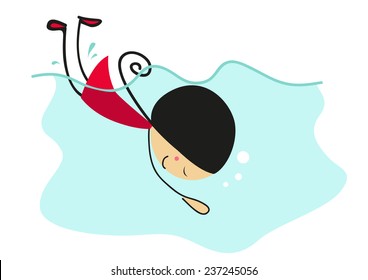 Doodle little girl swimming in pool - Full Color