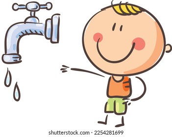 Doodle little kid and faucet. Ecological concept, saving water. Vector clipart illustration of a cartoon character
