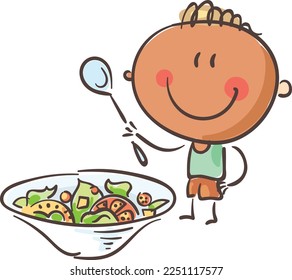 Doodle little kid preparing salad, vegetarian clipart, boy cooking healthy food. Isolated on white, cartoon clipart, vector illustration