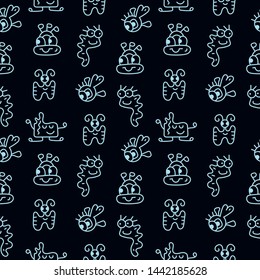 Doodle little monsters . Vector seamless pattern on dark background