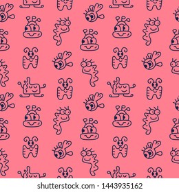 Doodle little monsters . Vector seamless pattern on pink background