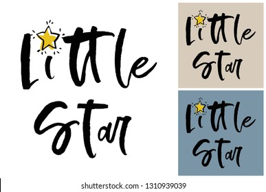 Doodle little star text. Hand drawn illustration for nursery. Simple art composition in scandinavian style for decoration baby room and toys.