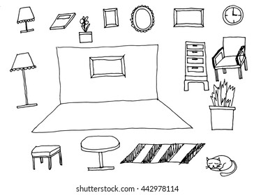 doodle livngroom sketching elements vector illustration