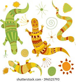 Doodle lizards, snake and decorative elements for design