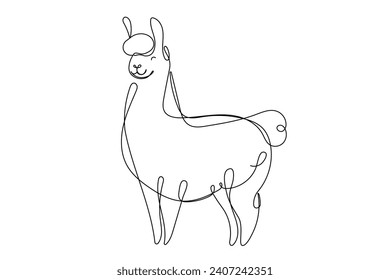 Doodle Llama Portrait Line Art Drawing. Funny Cute Llama Lama Continuous Line Portrait Isolated on White Background. One Line Editable vector Llama Animal Vector Symbol Icon