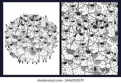 Doodle llamas conjunto de páginas para colorear. Paquete de Plantillas blancas y negras con lindos animales de alpaca. Fondo de esquema. Ilustración vectorial