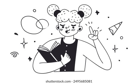 Doodle llustration of a girl with twin buns, open book, and teaching gesture. Monochrome colors, cartoon style. Ideal for educational apps, teaching resources, and learning platforms.