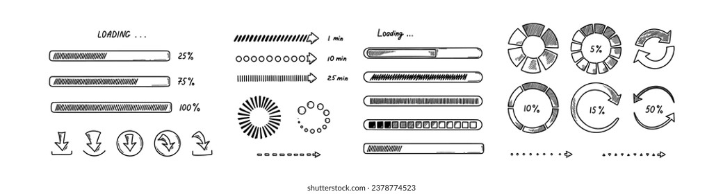 Barra de carga de garabatos, círculos, iconos. Conjunto dibujado a mano de elementos gráficos, de aplicación y de diseño ui. Estado de progreso del esbozo, velocidad de carga, carga de la batería