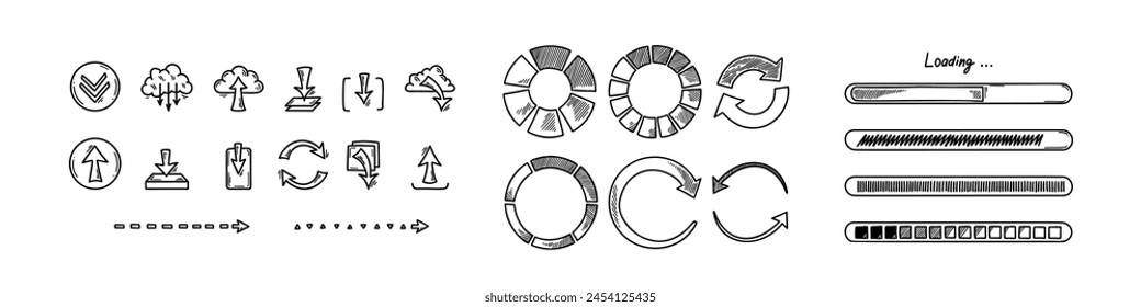 Doodle loading bar, circles, icons. Hand drawn set of graphic, application, ui design elements. Sketch progress status, upload speed, battery charge.