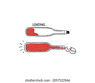 Doodle loading bar weekend. Sketch bottle with wine download bar weekend. Colored concept of party loading. Vector illustration isolated on white background.