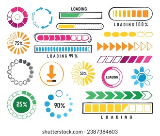 Doodle loading bars, update and internet load bar. Isolated status of progress, download and speed hand drawn elements. Neoteric vector graphic set