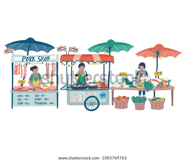 Doodle local food market in Thailand with pad thai\
food stall, pork shop, and vegetables vendor, all on white\
background, illustration,\
vector
