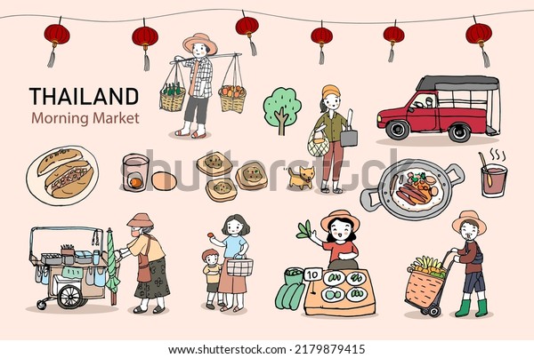 Doodle local food market in Thailand with food\
stall, and vegetables vendor, all on vintage background,\
illustration, vector