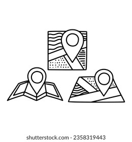 Doodle location icon set. Map pictogram. Terrain orientation, gps doodle icon isolated on white background