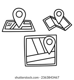 Doodle location icon set. Map pictogram. Terrain orientation, gps doodle icon isolated on white background