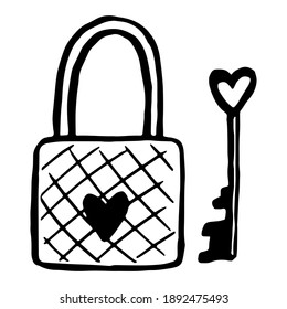 Doodle of lock and key with hearts. Hand drawn vector illustration. Single romantic sketch isolated on white. Cute contour drawing for st Valentines holiday design, print, card, sticker, decor, wrap.