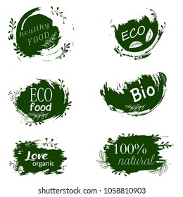 Doodle logos. I love organic. Vector illustration for menu of restaurants, packaging, advertising. Set of logos, icons, design elements. Natural