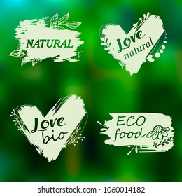Doodle logos. I love organic. Vector illustration for menu of restaurants, packaging, advertising. Set of logos, icons, design elements. Natural food, organic food, veggie food. Healthy food