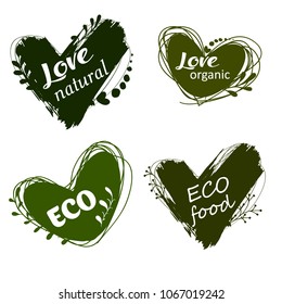 Doodle logos. I love organic. Vector illustration for menu of restaurants, packaging, advertising. Set of logos, icons, design elements. Natural food, organic food, veggie