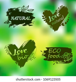 Doodle logos. I love organic. Vector illustration for menu of restaurants, packaging, advertising. Set of logos, icons, design elements. Natural food, organic food, veggie food. Healthy food label