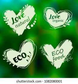 Doodle logos. I love organic. Vector illustration for menu of restaurants, packaging, advertising. Set of logos, icons, design elements. Natural food, organic