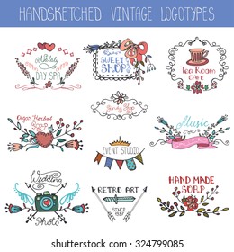 Doodle  logotype set.Vintage  floral hand drawing logo decor.Sketchy style with arrows,swirls, flowers,branches,catchwords,ribbons.For Business ,brand,company, identity.Retro vector kit