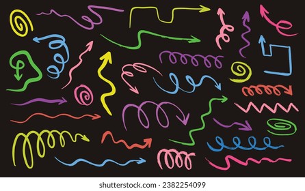 Doodle long arrows and lines set. Hand drawn straight, tangled, wavy arrows. Vector illustration