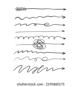 Doodle Long Arrows Set. Hand Drawn Straight, Tangled, Wavy Arrows. Vector Illustration