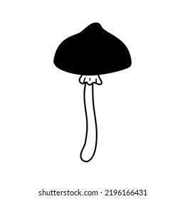 Doodle long stem mushroom icon. Hand drawn sketch linear vector illustration. Black fungus, line art forest plant isolated on white background.