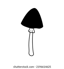 Doodle long stem mushroom icon. Hand drawn sketch linear vector illustration. Black fungus, line art forest plant isolated on white background.