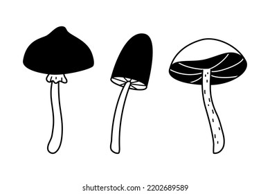 Doodle long stem mushrooms collection. Hand drawn sketch linear vector illustration. Black fungus, line art forest plant isolated on white background. Edible and non-edible mushrooms