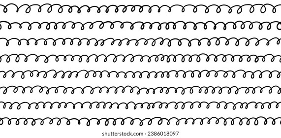 Doodle loop seamless pattern. Abstract black horizontal hand drawn loop lines seamless pattern. Geometric repeating swirled stripes. Wavy fabric texture. Vector illustration on white background.