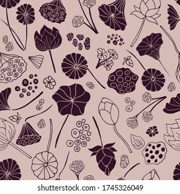 Doodle lotus flowers seamless pattern in brown color palette.
