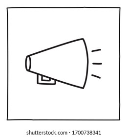 Doodle loudspeaker icon or logo, hand drawn with thin black line.