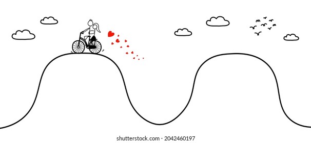 A Doodle le le encanta que una pareja vaya en bicicleta por las montañas. Caricatura dibujada a mano. Día de San Valentín