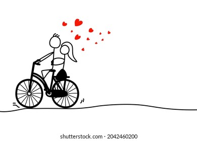 Doodle love couple riding on bicycle. Hand drawn cartoon. Valentine's Day
