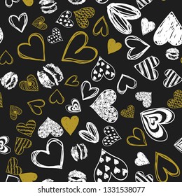 Doodle love golden heart Valentines Day seamless pattern. Textile wrapping dark holiday design. Wedding romantic sketch background.