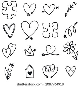 Doodle love heart. Loving cute hand drawn sketched hearts, doodle valentine heart shape drawing elements for greeting cards