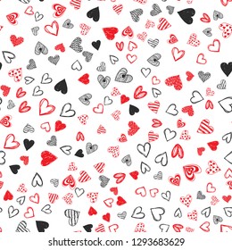 Doodle love heart Valentines Day seamless pattern. Textile wrapping holiday design. Wedding romantic sketch background.