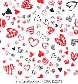 Doodle love heart Valentines Day seamless pattern. Textile wrapping holiday design. Wedding romantic sketch background.