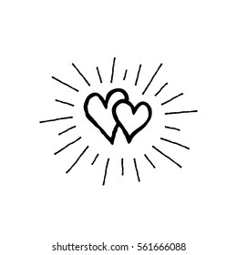 Doodle love hearts pattern with ray beams. Back and white Valentine's day holiday ornamental decor element. Good for greeting card, tattoo design