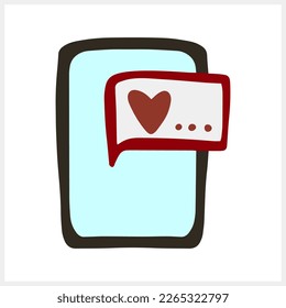 Doodle love message with heart. Wedding love design. Valentine day chat Mobile clipart Cartoon phone vector stock illustration. EPS 10