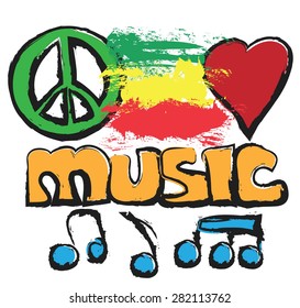 doodle love, music, peace background, vector illustration