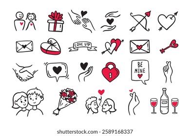 Doodle Love Network Icons, Valentines Day Outline Illustration. Vector illustration