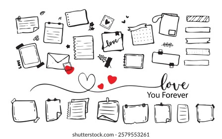 Doodle Love Notes and Stationery Elements with Heart Accents, Perfect for Valentine's Day or Romantic Designs with "Love You Forever" Message,